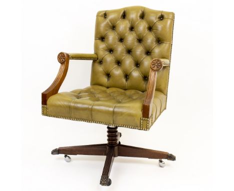 A NORWEGIAN BEARING MOBELFABRIKK PATENT GREEN LEATHER BUTTON UPHOLSTERED DESK CHAIR 63cm wide x 58cm deep x 94cm high