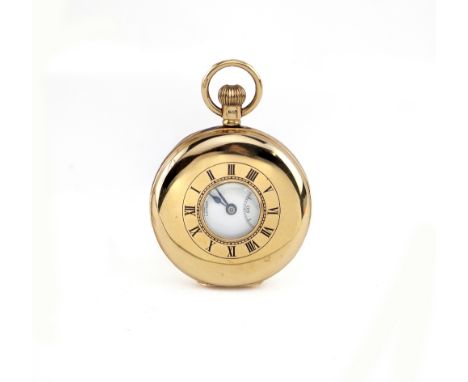 A J.W. BENSON OF LONDON 9CT YELLOW GOLD CASED HUNTER POCKET WATCH with white enamel dial and roman numerals and subsidiary di