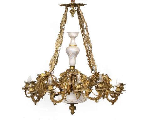 AN EARLY TO MID 20TH CENTURY TWELVE LIGHT CHANDELIER OR ELECTROLIER  central white glass mounts with coloured enamel decorati
