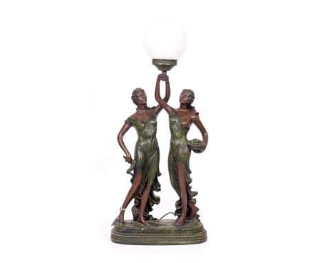 A COMPOSITE TABLE LAMP in the form of two maidens with a globe shade, 76cm in height overall