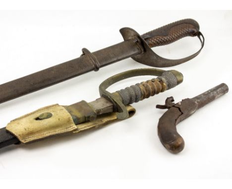 A LATE 19TH CENTURY MILITARY SWORD  with a wooden grip and a metal scabbard, the blade 76.5cm long, numbered 106831; a furthe