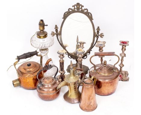 A VICTORIAN CUT GLASS OIL LAMP BASE 38cm in height together with a quantity of metalware to include kettles, a swing mirror, 