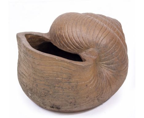 A SALT GLAZED CERAMIC URN in for form of a snail, 59cm wide x 34cm high