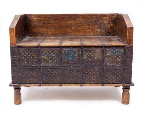 AN EASTERN HARDWOOD METAL BOUND MONKS BENCH 92cm wide x 52cm deep x 69cm high