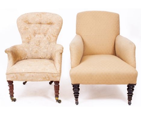 A VICTORIAN NURSING CHAIR  with floral upholstered decoration and button back, standing on turned fore legs terminating in br