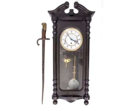 A VIENNA STYLE WALL CLOCK a French 1878 bayonet stamped 03692, silver plated cutlery, food pusher, ladle, cigarette case etc 
