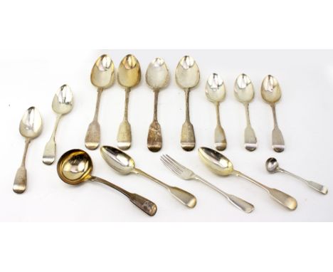 A SELECTION OF SILVER FIDDLE PATTERN CUTLERY to include four large serving spoons, a soup ladle, seven table spoons, a fork a