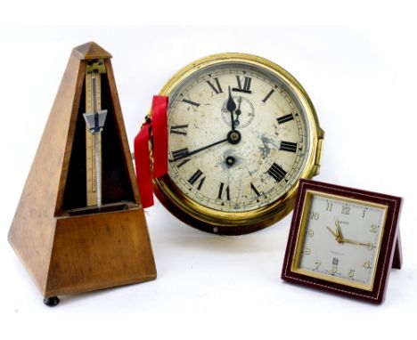 A BRASS CASED SHIP'S CLOCK the painted dial with Roman numerals and a subsidiary second hand 18cm diameter together with a Fr
