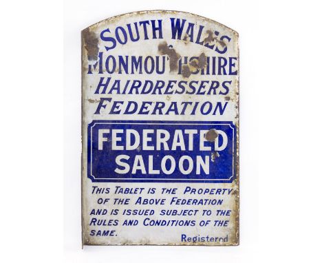 AN ANTIQUE ENAMEL DOUBLE SIDED ADVERTISING SIGN 'South Wales Monmouthshire Hairdressers Federation, Federated Salon', 38cm x 