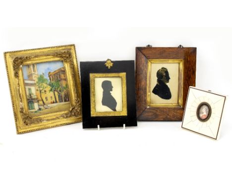 TWO 19TH CENTURY SILHOUETTES a miniature portrait and a small watercolour in a gilt frame (4)