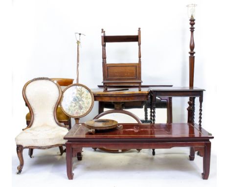 A VICTORIAN WALNUT FOLDOVER CARD TABLE  78cm wide, an octagonal standard lamp, Sutherland table, a low Chinese table and furt