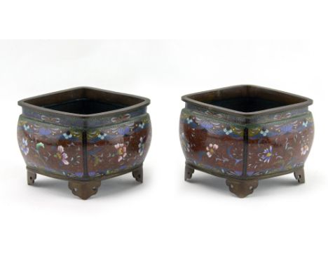 A PAIR OF LATE 19TH / EARLY 20TH CENTURY CLOISONNE ENAMEL SENSORS decorated with flowers and leaves on a burnt orange ground,