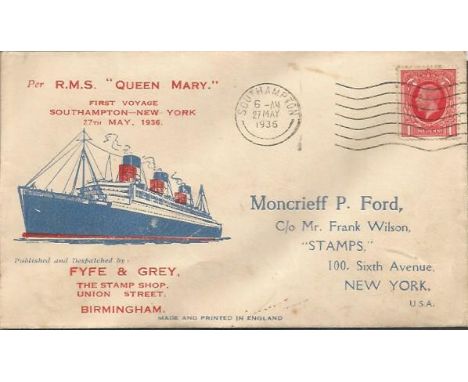 RMS Queen Mary First Voyage Southampton to New York 27 May 1936 Wavyline Slogan. Unsigned but rare piece of maritime history.
