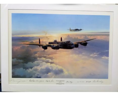 Cloud Companions signed Robert Taylor Print. Signed by a complete Lancaster crew with over 420 missions between them: Pilot: 