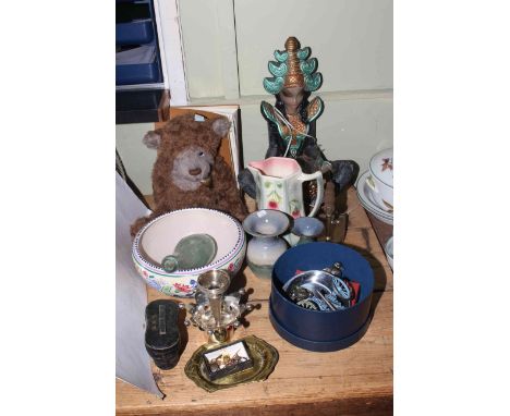 Figure lamp, teddy bear, Poole Pottery bowl, opera glasses, military figures, etc