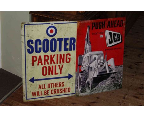 Two signs, Scooter Parking Only and JCB