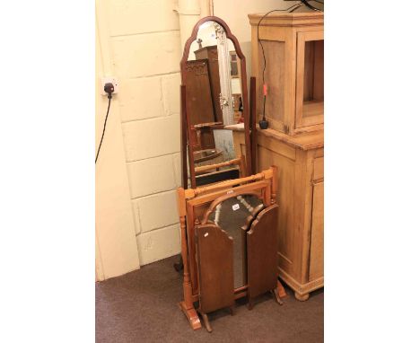 Mahogany cheval mirror, triple dressing mirror and pine firescreen (3)