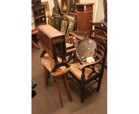 Rush seated oak ladder back elbow chair, Edwardian corner chair, mahogany toilet mirror, footstool, rosewood Sutherland table