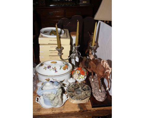 Collectors plates, Worcester Evesham tureen and five chocolate cups, china horse, Centurion figure, candelabra, etc