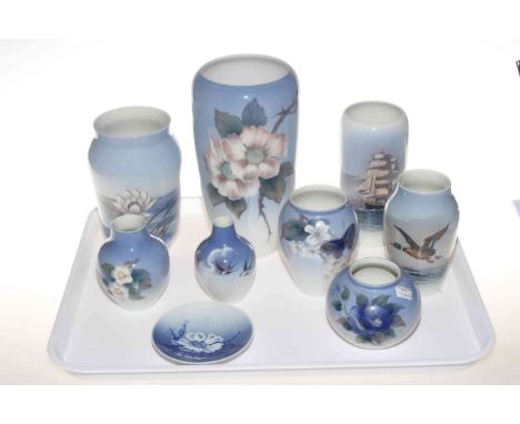 Eight various Royal Copenhagen vases and pin dish