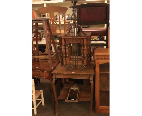 Reprodux two drawer hall table, oak occasional table, next of three tables, tripod wine table, pricket stand, rush seated chi