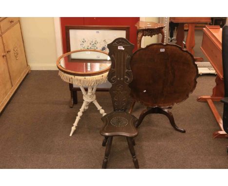 Oak sewing chair, walnut snap top tripod table, Gypsy table, needlework table-screen, mahogany plant stand and circular wall 