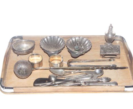 Collection of various silver including pair of shell dishes, ladle, napkin rings, etc