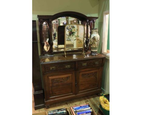 Late Victorian walnut mirror back sideboard and painted mirror firescreen (2)