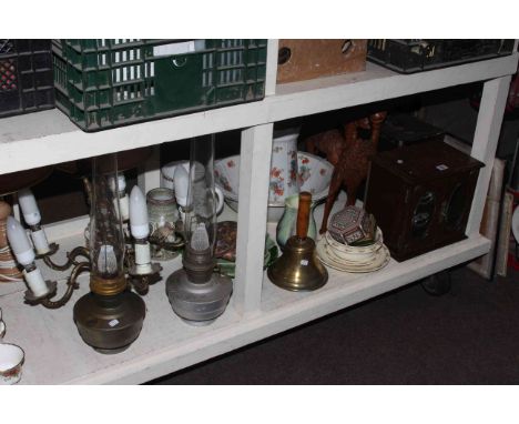 Two oil lamps, five branch light fitting, smokers cabinet, two carved wood camels, various china and prints etc