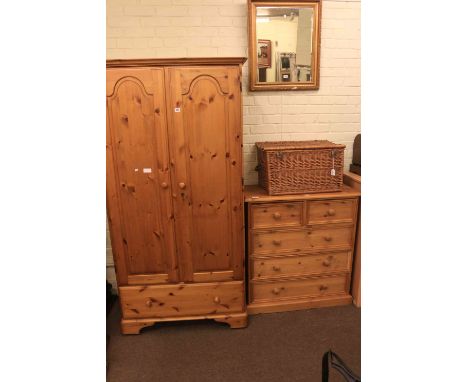 Pine double door wardrobe, five drawer pine chest and gilt framed wall mirror (3)