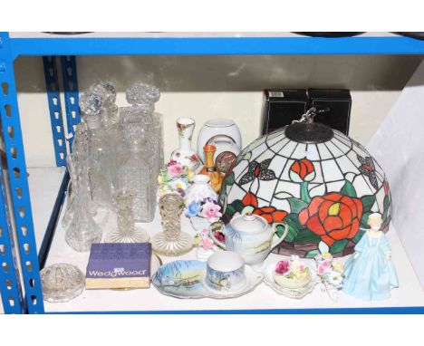 Tiffany style shade, glass decanter, Royal Worcester Grandmothers dress, china posies, etc