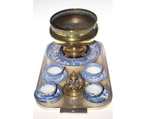 Enoch Wood 'Georgian' plaque, four blue and white cups and saucers, Pair of plates brass jardiniere and brass and glass inkwe