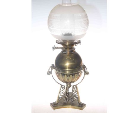 Victorian brass oil lamp with circular etched glass shade