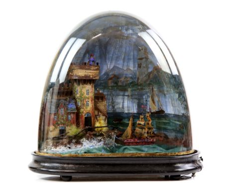 19th century French automaton of a boat sailing near a castle, moving boat and figure on turret, under a glass dome, 40cm hig