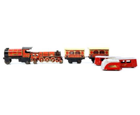 Vintage cast metal Champion Flyer made in England, locomotive with two coaches, Chad Valley tin plate LMS Royal Scott, Memo t