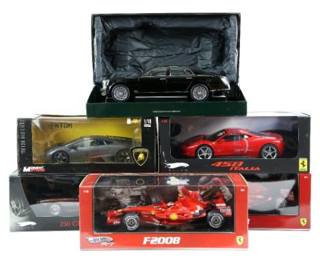 Six 1:18 scale model cars, comprising Elite models limited edition Ferrari 250 GT Berlinetta, Elite 458 Italia, Hot Wheels F2