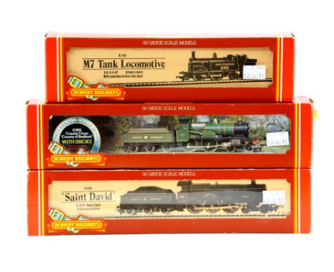 Three Hornby Railways 00 gauge locomotives, comprising R.830 St. David, R.392 County of Bedford, and R.103 M7 Tank locomotive