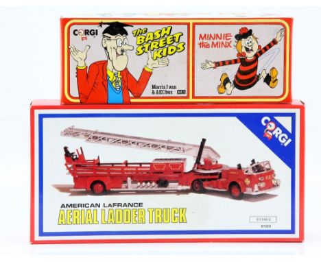 Corgi American LaFrance Aerial Ladder Truck and The Bash Street Kids Morris J van and AEC bus, boxed, (2),     