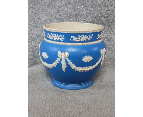 A Victorian Copeland blue and white Jasperware planter with swags and bow motifs, a rope effect border and stylised foliate d