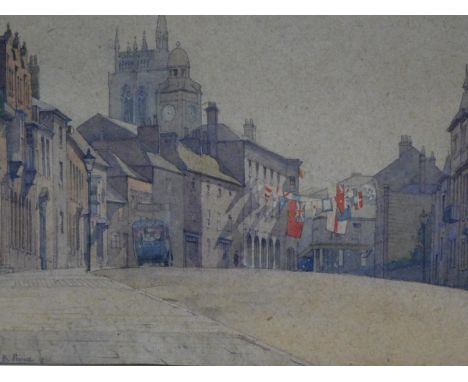 A framed and glazed watercolour titled 'Newport - Isle of Wight Eve of Carnival'. By L.S R. Prince, 1930. 58x46cm 