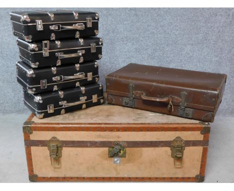 A vintage canvas and brass stud bound Watajoy trunk together with a vintage leather suitcase and four vintage style small sui