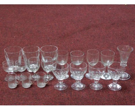 A collection of nineteen antique and vintage blown glass glasses. Including a set of four faceted small beer tankards, a set 