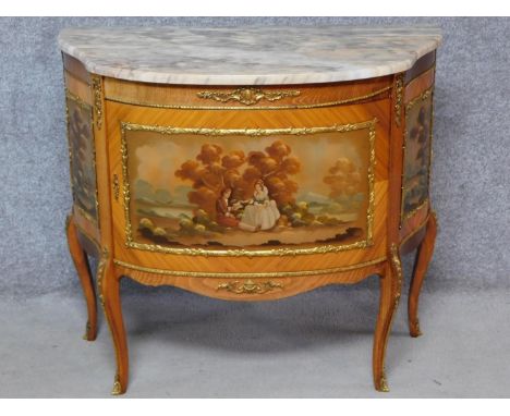 A Louis XV Vernis Martin style marble top commode with ormolu mounts and painted panels on cabriole supports. (door locked, n