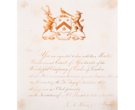 Cookery.- Worshipful Company of Cooks. Dinner invitation to the Freemason's Tavern Great Queen Street, on 26th October, 1820,