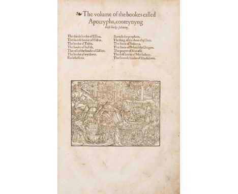 The Volume of the bookes called Apocrypha, conteynyng, from The Holie Bible, collation: 4a-4m8, 4n-410, woodcut illustration 