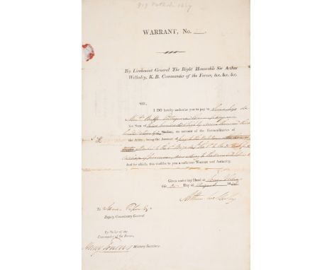 Wellington (Arthur Wellesley, first duke of,&nbsp;army officer and Prime Minister, 1769-1852) Warrant signed "Arthur Wellesle