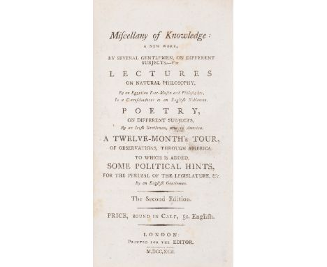 [Varlo (Charles)] Miscellany of Knowledge...By Several Gentlemen...Poetry...By an Irish Gentleman, now in America. A Twelve-M