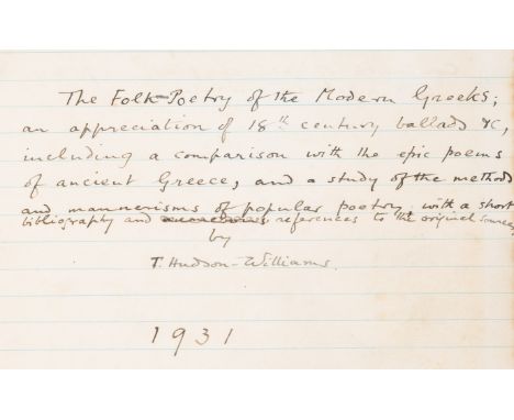 Welsh Professor.- Hudson-Williams (Thomas, Professor of Greek, translator, of University College of North Wales, Bangor, of C