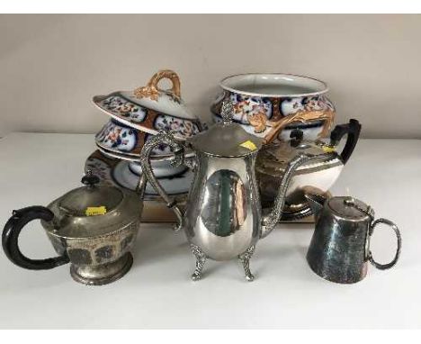A tray of silver plated tea service, antique china tureen on stand with matching dish etc 