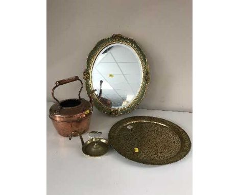 An antique copper kettle together with a brass tray, gilt mirror and chamber stick